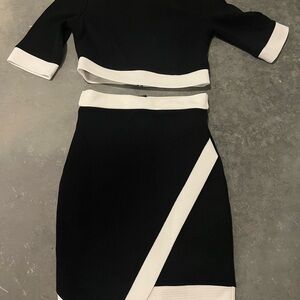 Lulu's Black&White Asymmetrical skirt&shirt set with zipper closure bodycon